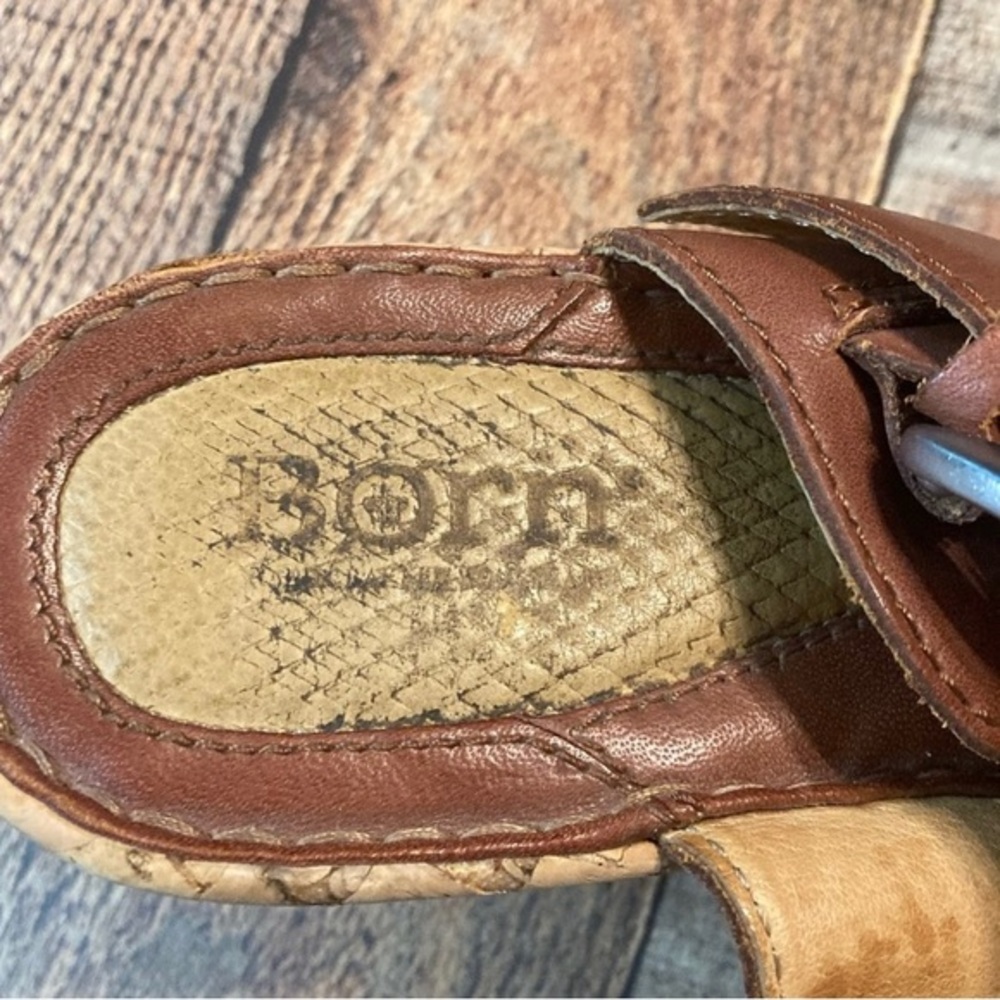 Born‎ Brown Leather Cork Wedge Sandals Strappy Buckle Slide W62326 Womens 7 - Picture 7 of 8